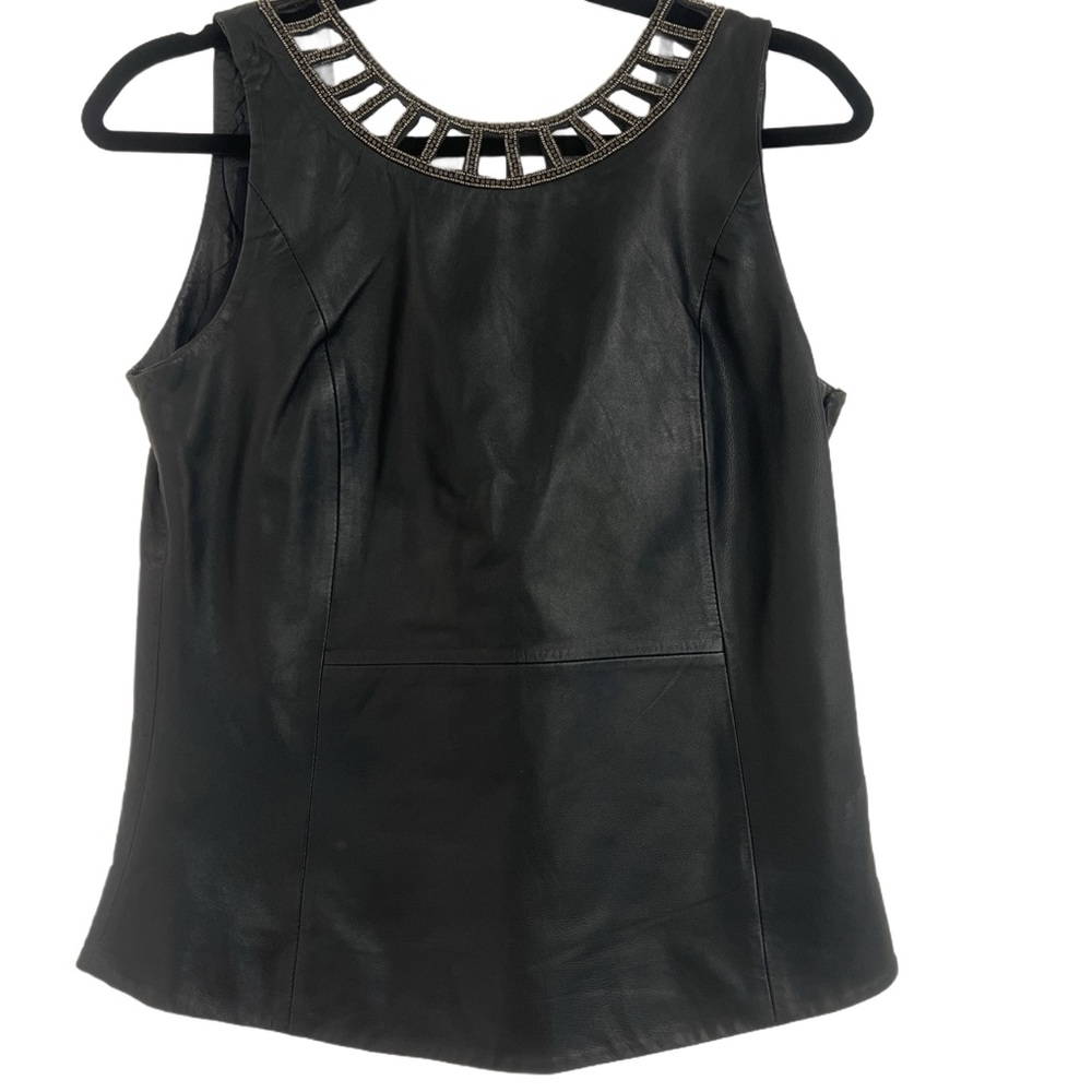 MLV Black Faux Leather Sleeveless Top with Cutout Embellished Neckline